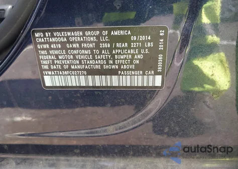 2015 Volkswagen Passat 1.8T Wolfsburg Edition from USA, damaged, VIN 1VWAT7A36FC027270